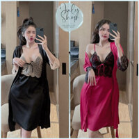 Đầm Ngủ 2 Dây Ren Nơ Sexy Kèm Áo Choàng Lụa Latin Cực Mát Freesize