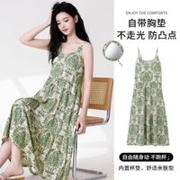 Đầm ngủ cotton bong bóng cho bé gái, dây đeo mới, đơn giản, thoải mái, mặc ngoài trời mùa hè với đệm ngực, đồ ngủ dài vừa phải