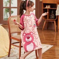 Đầm Ngủ Cotton Tay Ngắn In Hình Gấu Và Dâu Tây Phong Cách Mới Cho Trẻ Em