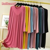 Đầm Ngủ Cotton Trơn Tay Dài Cổ Tròn Dáng Rộng Thời Trang Mùa Hè Cho Nữ