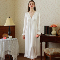 Đầm ngủ dài tay phong cách hoàng gia Pháp Đầm dài Công Chúa Ren Cổ Chữ V gợi cảm mới mùa xuân và mùa thu đồ ngủ dài cho bé gái