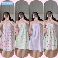 Đầm ngủ hai dây chất liệu đũi mỏng mịn đính nơ tiểu thư dễ thương nhiều màu
