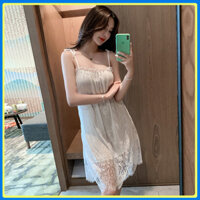 Đầm ngủ hai dây dáng suông Q47 - Váy ngủ dể thương dáng suông- Đồ ngủ mặc nhà sexy - Freesize 45kg-60kg - Trắng
