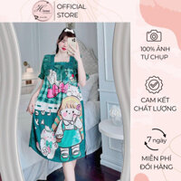Đầm ngủ Hana mặc nhà nữ, đầm dáng suông tay ngắn cổ vuông phối ren dễ thương vải lụa mềm mát