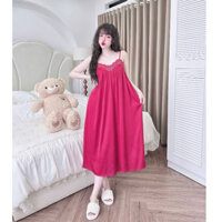 Đầm ngủ lụa Olici 2 dây maxi dáng dài qua gối đầm mặc nhà suông rộng cao cấp
