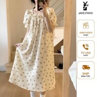 Đầm ngủ nữ dáng suông tay phồng in hình gấu dễ thương đầm ngủ mùa hè