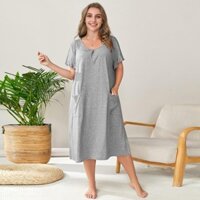 Đầm ngủ nữ mùa hè cỡ lớn, cotton, tay ngắn, cổ tròn, có túi, đồ mặc ở nhà, đầm dài, bộ đồ ngủ cho phụ nữ