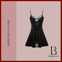 Đầm ngủ satin nữ cao cấp Ebon Dress S2447 có nút phối ren gợi cảm dáng xoè nhẹ Bralettehousevn