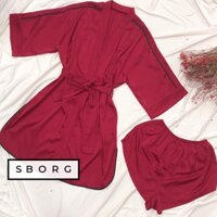 Đầm ngủ SBORG đồ mặc nhà lụa latin cao cấp áo khoác tay lửng sang trọng kèm quần đùi sexy freesize dưới 60kg quà tặng vợ