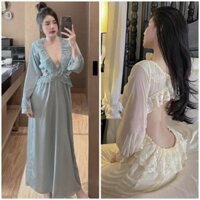 Đầm ngủ sexy Babydoll gợi cảm hở lưng Maxi dáng dài có mút ngực Lụa Latin phối ren Đồ ngủ nữ cao cấp