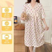 Đầm ngủ tay ngắn mùa hè Kyo shop DN012 váy ngủ nữ ngắn tay mặc nhà chất đũi gân dáng dài phối ren phong cách hàn quốc