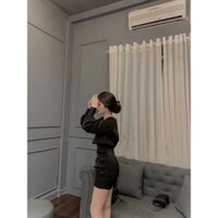Đầm nhung body tay dài hở lưng.
