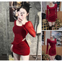 Đầm Nhung Cứng Kèm Gài Đá Hoa Tuyết Xéo Tà Có Quần Bảo Hộ