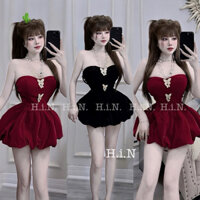 ĐẦM NHUNG CÚP NGỰC Đính Hàng Tag Buom DÁNG NGẮN BÍ PHỒNG Có Kèm Quần Rời