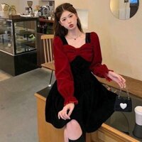 Đầm nhung dài tay phối màu đen đỏ cho mùa Noel Nữ Dress