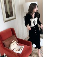 Đầm nhung dáng dài bo eo xoè đuôi cá đính nơ trước ngực phong cách Hàn Quốc trẻ trung thanh lịch