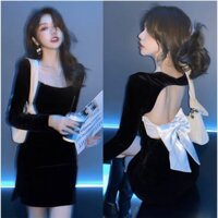 ĐẦM NHUNG ĐEN HỞ NƠ LƯNG ĐÍNH HẠT