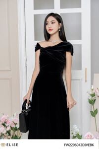 ĐẦM NHUNG ĐEN VAI LỆCH