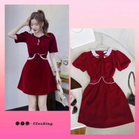 Đầm nhung đỏ khoét eo đính đá cổ bèo trắng cột nơ