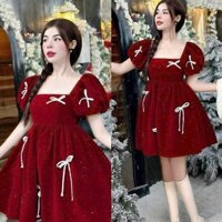 Đầm nhung đỏ tay phồng dáng babydoll đính nơ hàng đẹp túi zip cao cấp dưới 60kg Nữ Dress Women