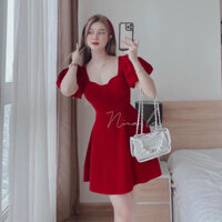 Đầm nhung đỏ viền ren trắng tay dài,váy nữ noel mùa giáng sinh cho bạn gái phong cách nhẹ nhành xinh xắn