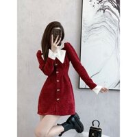 Đầm nhung gân kim sa tông đỏ / đen cổ bẻ cách điệu khuy hình nơ trẻ trung xinh xắn