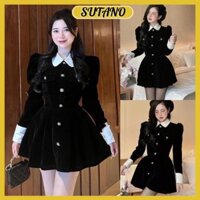 Đầm nhung nữ cổ sen tiểu thư dáng bồng xòe váy nhung dài tay phối cúc bồng V401 SUTANO