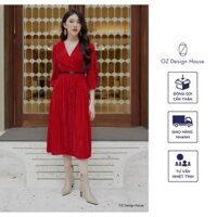 Đầm nhung nữ OZ Design House DA11980WIN21 màu đỏ dập nhăn có tay cổ tim có đai eo tôn dáng xòe thanh lịch