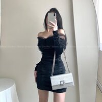 Đầm nhung ôm body dài tay trễ vai phối lưới- Blazer nỉ dạ