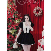 ĐẦM NHUNG PHỐI CỔ TUYẾT VIỀN PHỐI REN HOA CÓ LÓT QUẦN FOM XOÈ