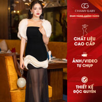 Đầm nhung phối lưới kim tuyến Chamy Gaby màu đen sang trọng 412880DATU
