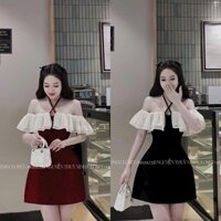 Đầm nhung phối tơ thời trang nữ sang trọng nhẹ nhàng đầm ngắn xòe trễ vai tay ngắn phối dây thắt nơ nhấn eo