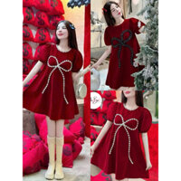 Đầm nhung thiết kế form babydoll siêu dễ thương cho nàng đi chơi, dạo phố, đầm đỏ tay bồng dáng xòe đính nơ đen ngọc