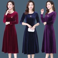 Đầm nhung trơn trung niên dáng xoè maxi dài 125 cm dự tiệc sang trọng tặng kèm hoa cài