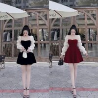 Đầm nhung váy xòe tay áo dài phối tơ sang chảnh 2 màu đỏ đen,