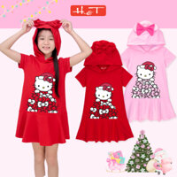 Đầm noel bé gái H&T, váy có nón in hình HELLO KITTY GIÁNG SINH, chất cotton 4 chiều thoáng mát cho bé từ 4-12 tuổi