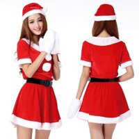 Đầm Noel, Váy giáng sinh kèm găng tay, thắt lưng và mũ màu đỏ phối trắng cho nữ từ 18-24 tuổi