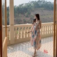 Đầm Nữ 2 Dây Hoa Hồng Hoa Eo Thun Dáng Dài