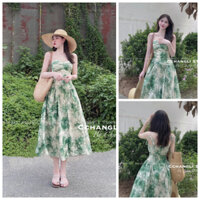 Đầm Nữ 2 Dây Nhún Ngực Tone Màu Xanh Loang Siêu Xinh