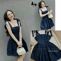 Đầm Nữ 2 dây nơ tiểu thư dáng xòe cổ vuông vải jean cao cấp