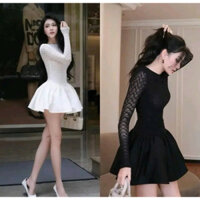 Đầm nữ chất ren phối phi siêu bồng dáng ngắn dài tay YoYo