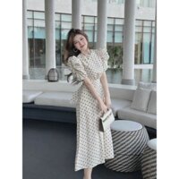 Đầm nữ cổ tròn tay phồng dáng dài,váy xòe chấm bi hở lưng cột nơ xinh xắn