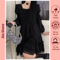 Đầm nữ cổ vuông phối tay áo dài bồng bềnh chiết eo khửu tay dáng vừa thiết kế lolita phối ren xinh xắn( có ảnh thật)