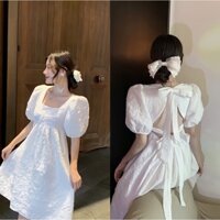 Đầm Nữ Cổ Vuông Váy Babydoll Tay Phồng Váy Thắt Nơ Hở Lưng Có Dây Điều Chỉnh Chất Lụa Gấm Dáng Xoè Form Rộng Đi Chơi