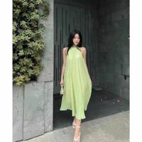 Đầm Nữ Cổ yếm cài cúc ngọc giọt lệ , Váy đũi thái xốp nhắn mặc dự tiệt tiểu thư xinh maxi - XANH BƠ MAXI ĐŨI XỐP,M DƯỚI 55KG