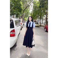 Đầm nữ cộc tay dáng xoè cổ sơ mi cúc cỏ 4 lá