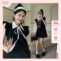 Đầm nữ dáng suông phối thắt nơ cổ sơ mi tay áo cánh tiên màu đen cao cấp phong cách năng động dễ thương