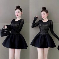 Đầm nữ dáng xoè ngắn mini cổ tròn tay dài phần thân trên chất ren phối phần dưới tapta T45