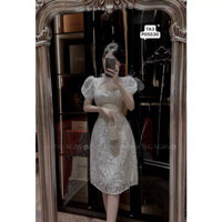 Đầm nữ dự tiệc đầm sườn xám🍭 GẤM HOA HỒNG🍭 váy trắng dáng dài cổ tàu cột nơ màu đen đầm body váy tiểu thư đầm maxi rẻ