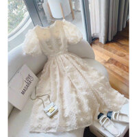 Đầm nữ dự tiệc thiết kế Đầm midi ren hoa nhí bi nổi cổ vuông